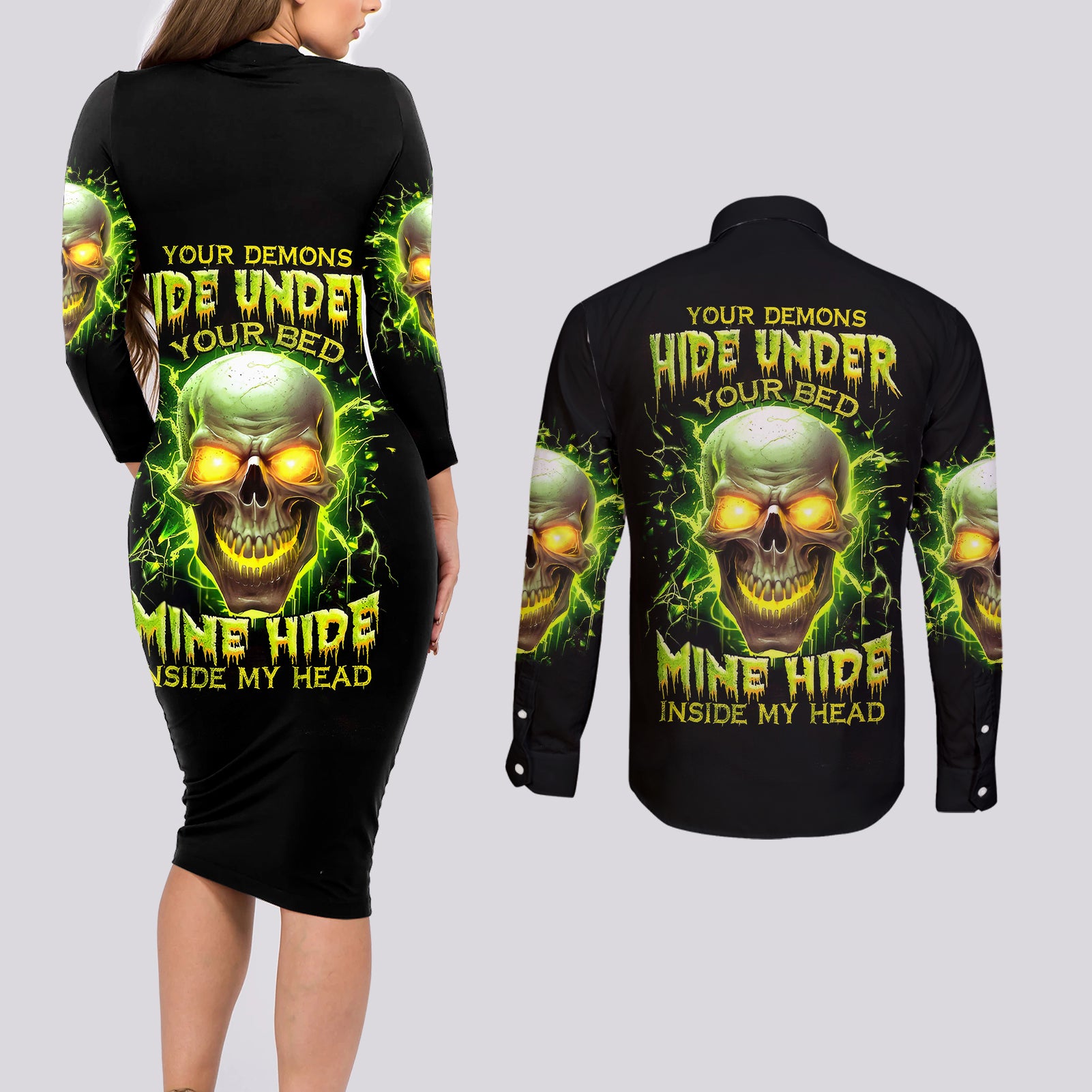 thunder-skull-couples-matching-long-sleeve-bodycon-dress-and-long-sleeve-button-shirts-my-demon-hide-inside-my-head