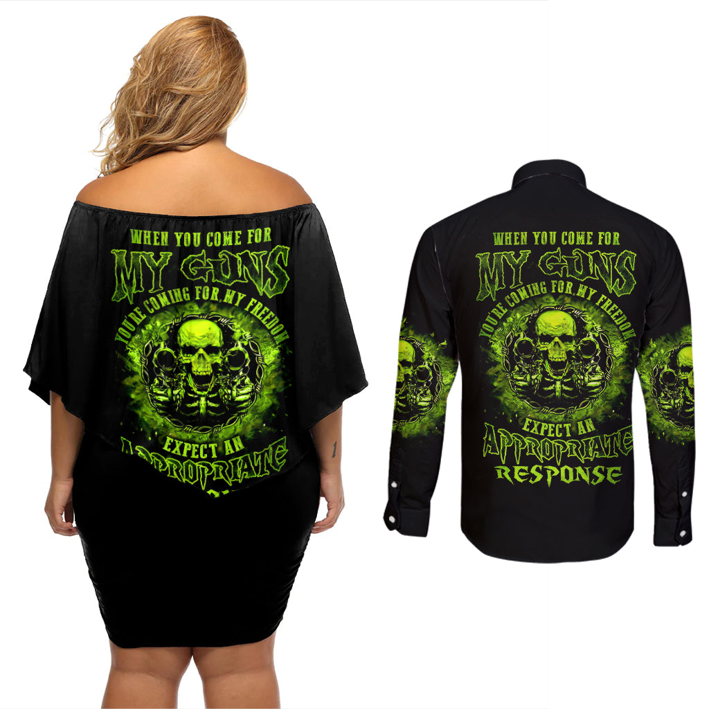 gun-skull-couples-matching-off-shoulder-short-dress-and-long-sleeve-button-shirts-when-you-come-for-my-gun-expect-an-appropriate-response