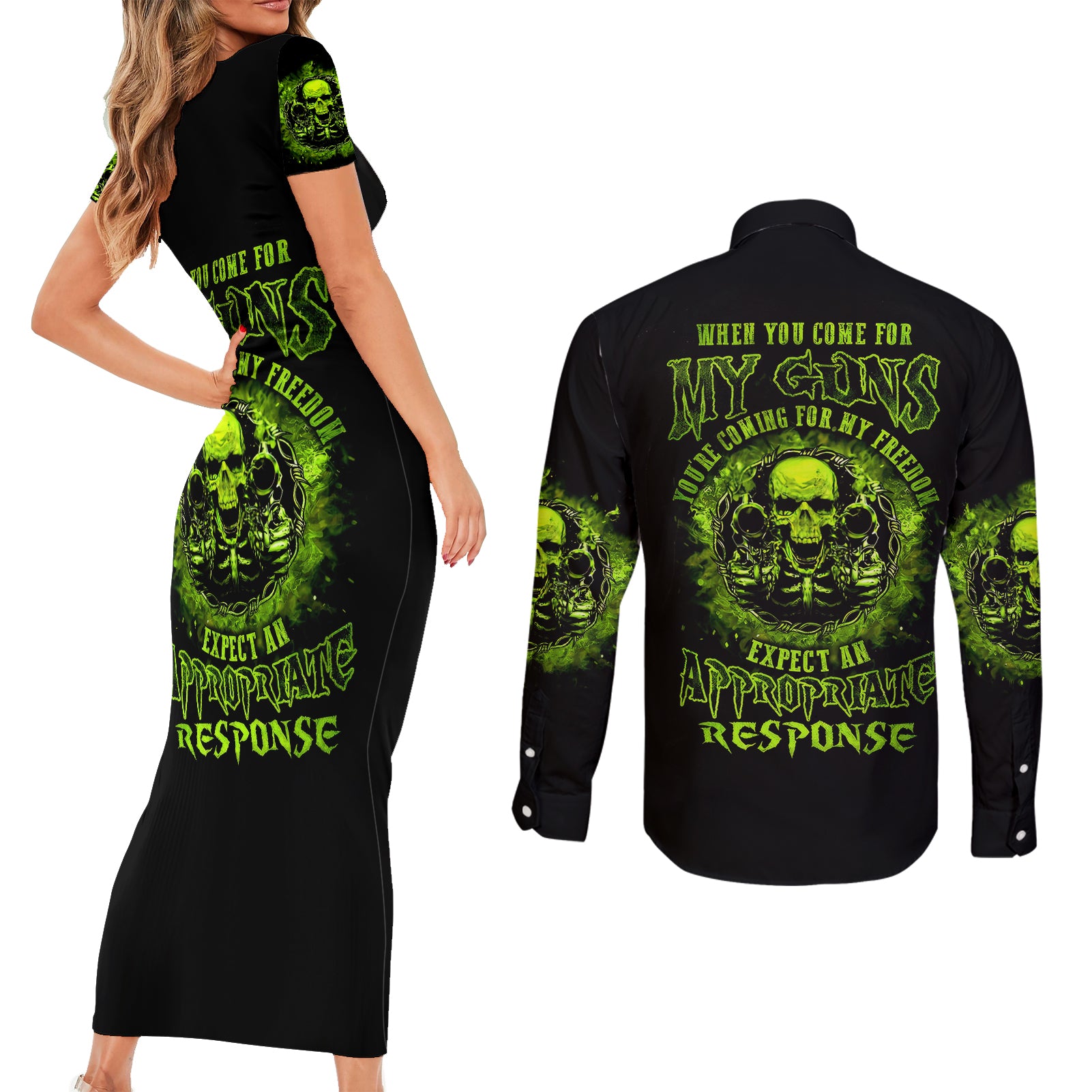 gun-skull-couples-matching-short-sleeve-bodycon-dress-and-long-sleeve-button-shirts-when-you-come-for-my-gun-expect-an-appropriate-response