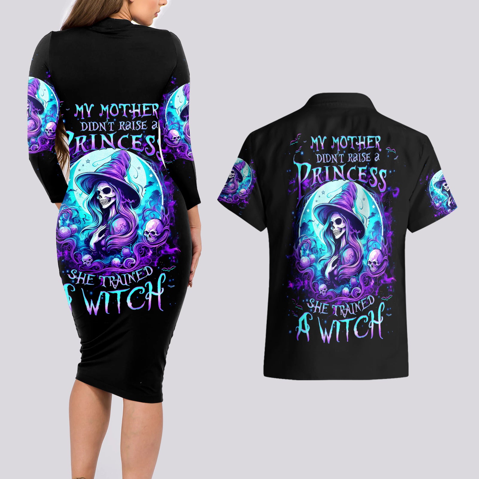 witch-skull-couples-matching-long-sleeve-bodycon-dress-and-hawaiian-shirt-my-mother-didnt-raise-a-princess-she-trained-a-witch