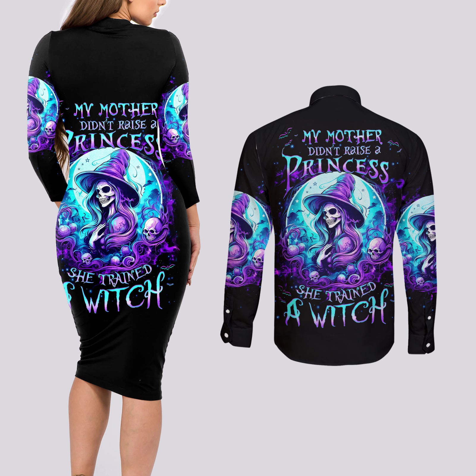 witch-skull-couples-matching-long-sleeve-bodycon-dress-and-long-sleeve-button-shirts-my-mother-didnt-raise-a-princess-she-trained-a-witch