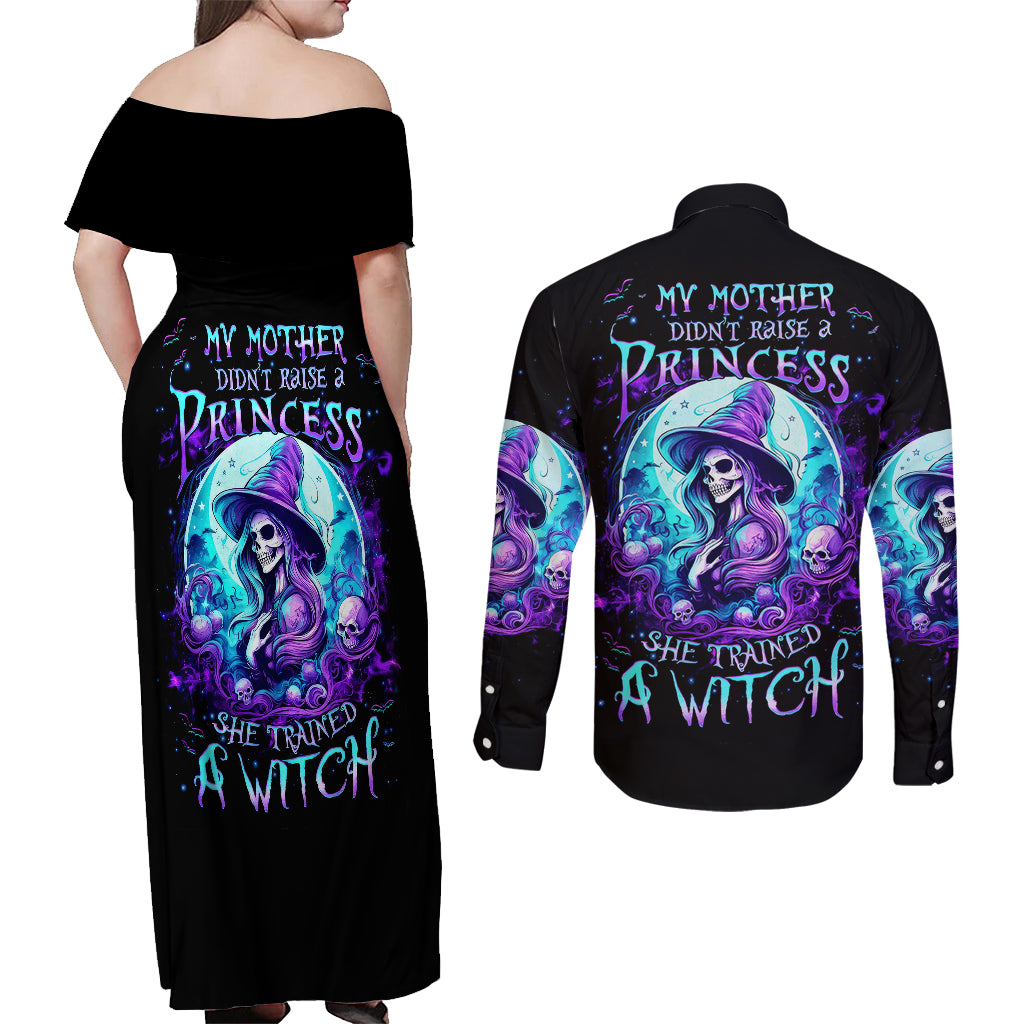 witch-skull-couples-matching-off-shoulder-maxi-dress-and-long-sleeve-button-shirts-my-mother-didnt-raise-a-princess-she-trained-a-witch