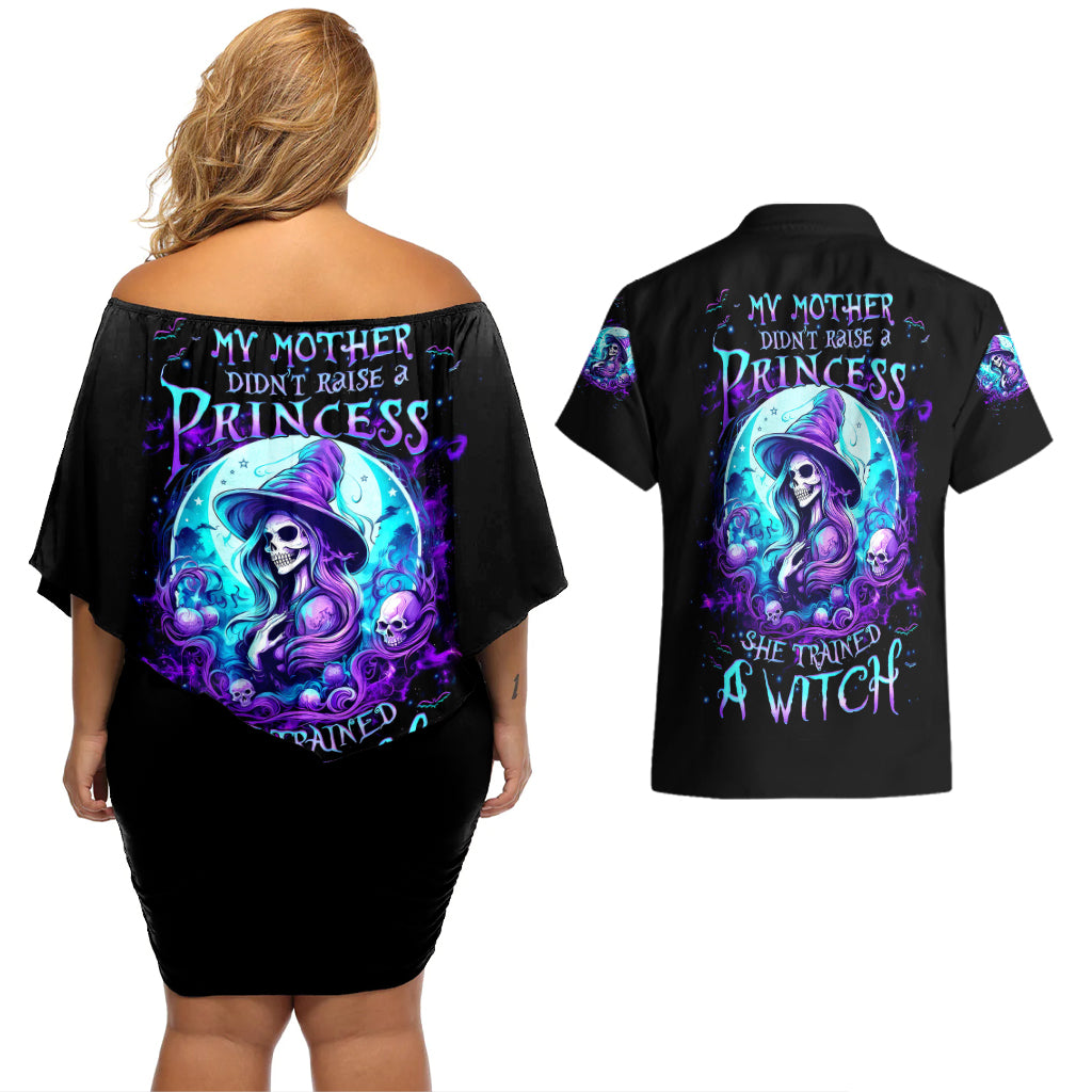 witch-skull-couples-matching-off-shoulder-short-dress-and-hawaiian-shirt-my-mother-didnt-raise-a-princess-she-trained-a-witch