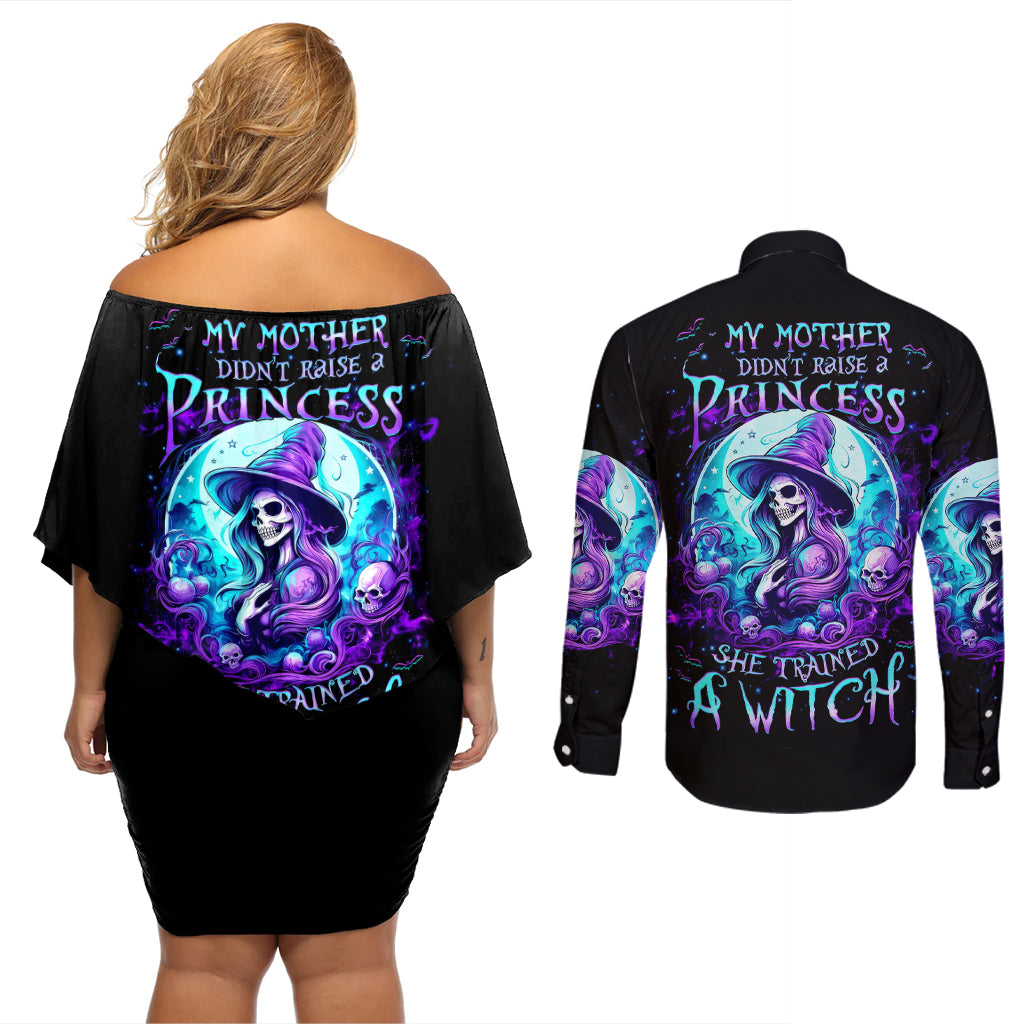 witch-skull-couples-matching-off-shoulder-short-dress-and-long-sleeve-button-shirts-my-mother-didnt-raise-a-princess-she-trained-a-witch