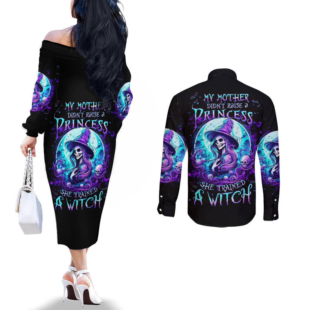 witch-skull-couples-matching-off-the-shoulder-long-sleeve-dress-and-long-sleeve-button-shirts-my-mother-didnt-raise-a-princess-she-trained-a-witch