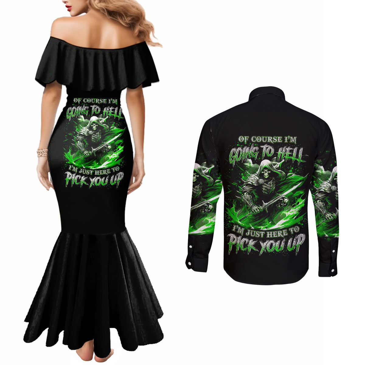 warrior-skull-couples-matching-mermaid-dress-and-long-sleeve-button-shirts-of-course-im-going-to-hell-just-pick-you-up