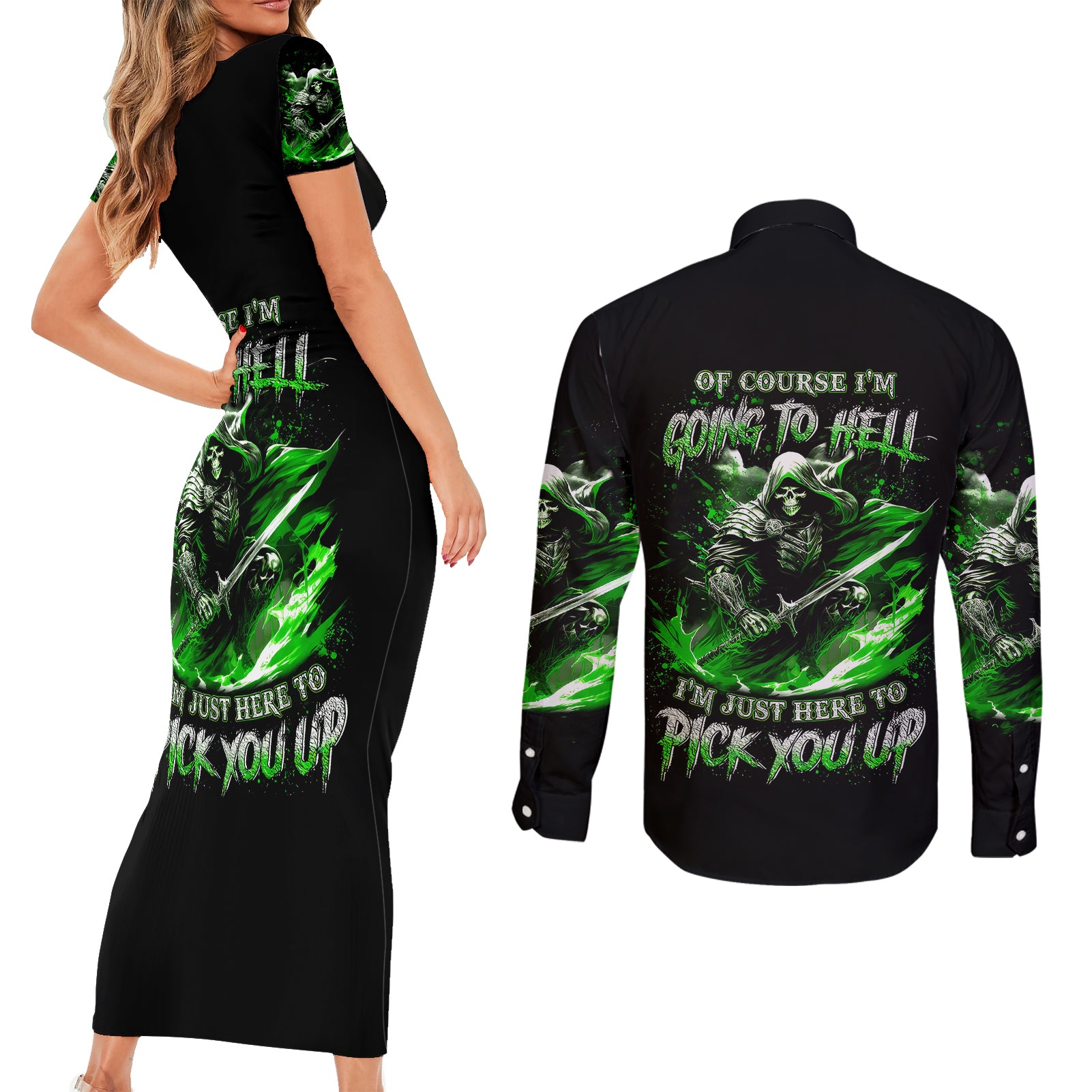 warrior-skull-couples-matching-short-sleeve-bodycon-dress-and-long-sleeve-button-shirts-of-course-im-going-to-hell-just-pick-you-up