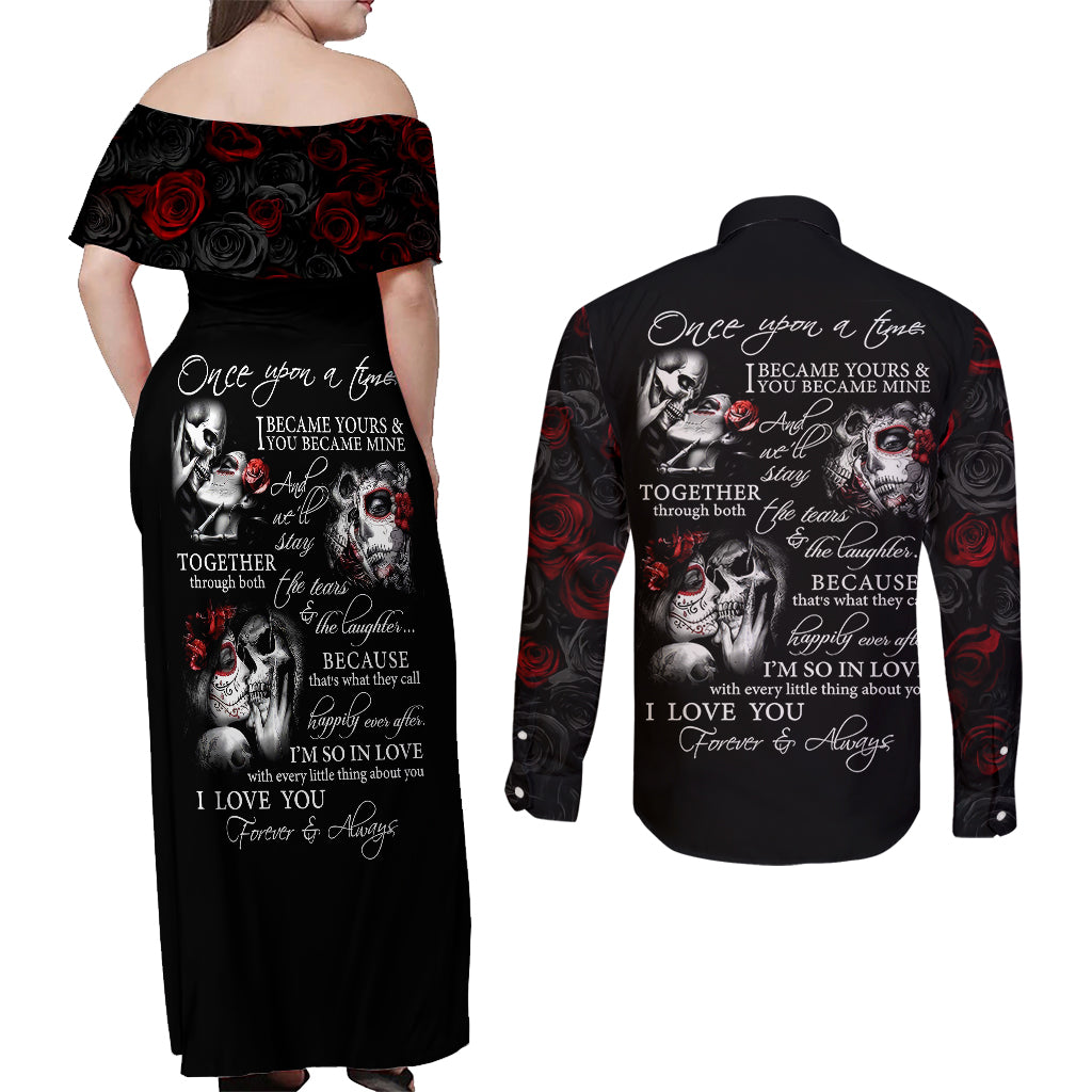 love-skull-couples-matching-off-shoulder-maxi-dress-and-long-sleeve-button-shirts-once-upon-a-time-i-love-you-forever-and-always