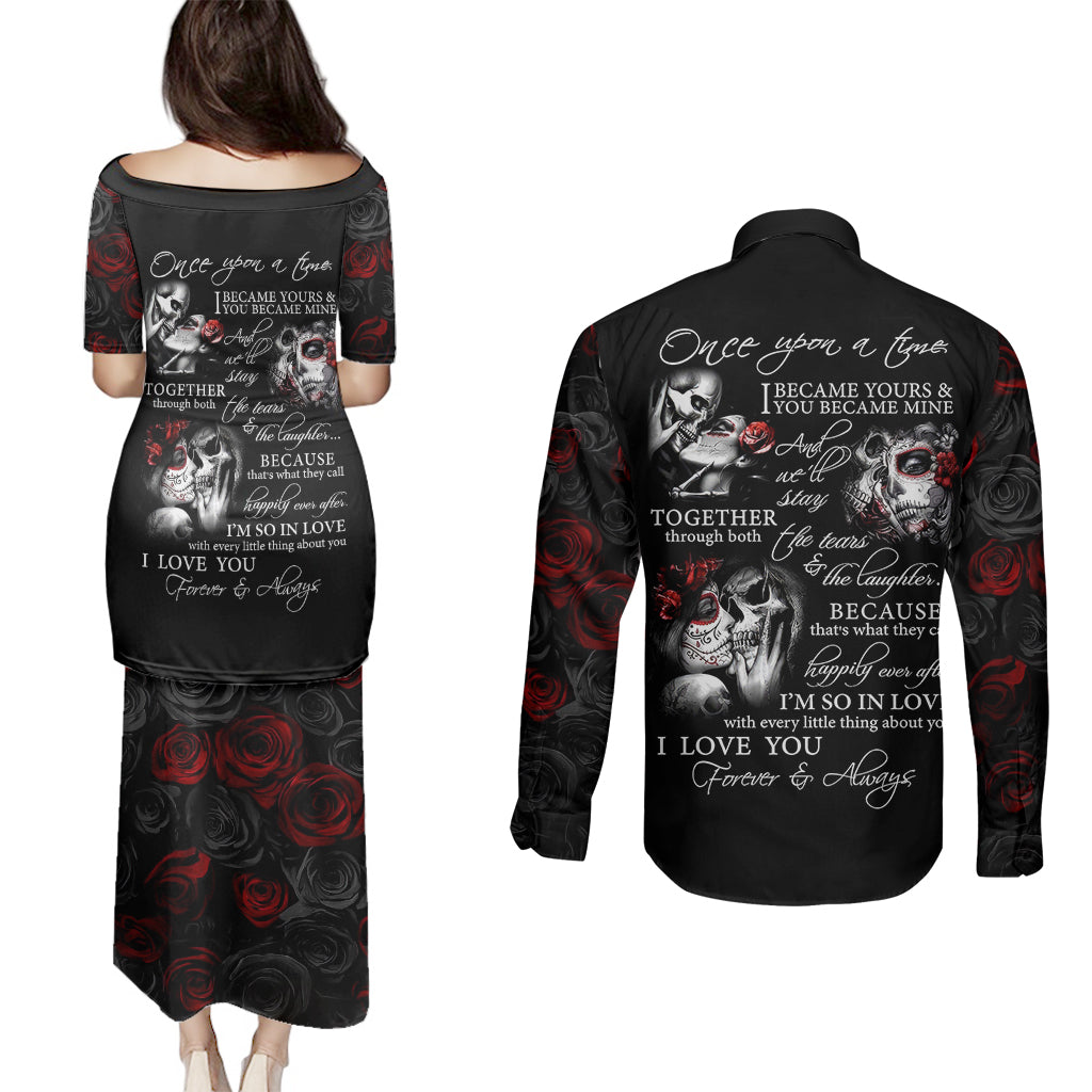 love-skull-couples-matching-puletasi-dress-and-long-sleeve-button-shirts-once-upon-a-time-i-love-you-forever-and-always