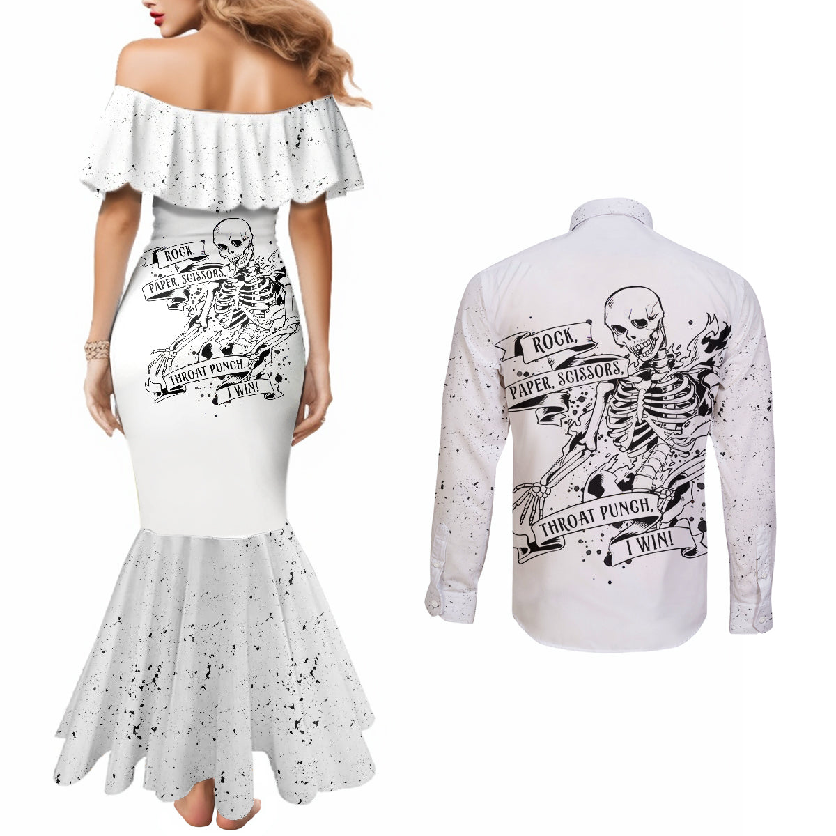 art-skull-couples-matching-mermaid-dress-and-long-sleeve-button-shirts-rock-paper-scissors-throat-punch-i-win