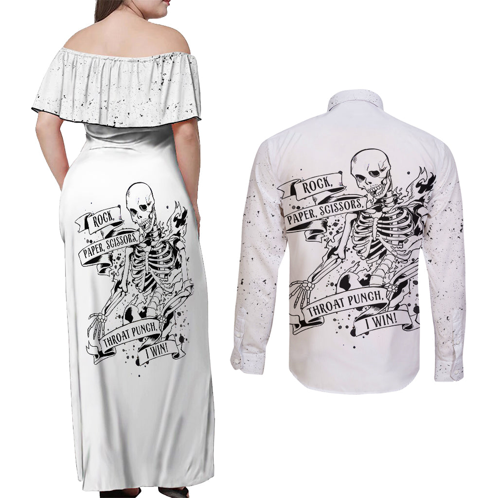 art-skull-couples-matching-off-shoulder-maxi-dress-and-long-sleeve-button-shirts-rock-paper-scissors-throat-punch-i-win