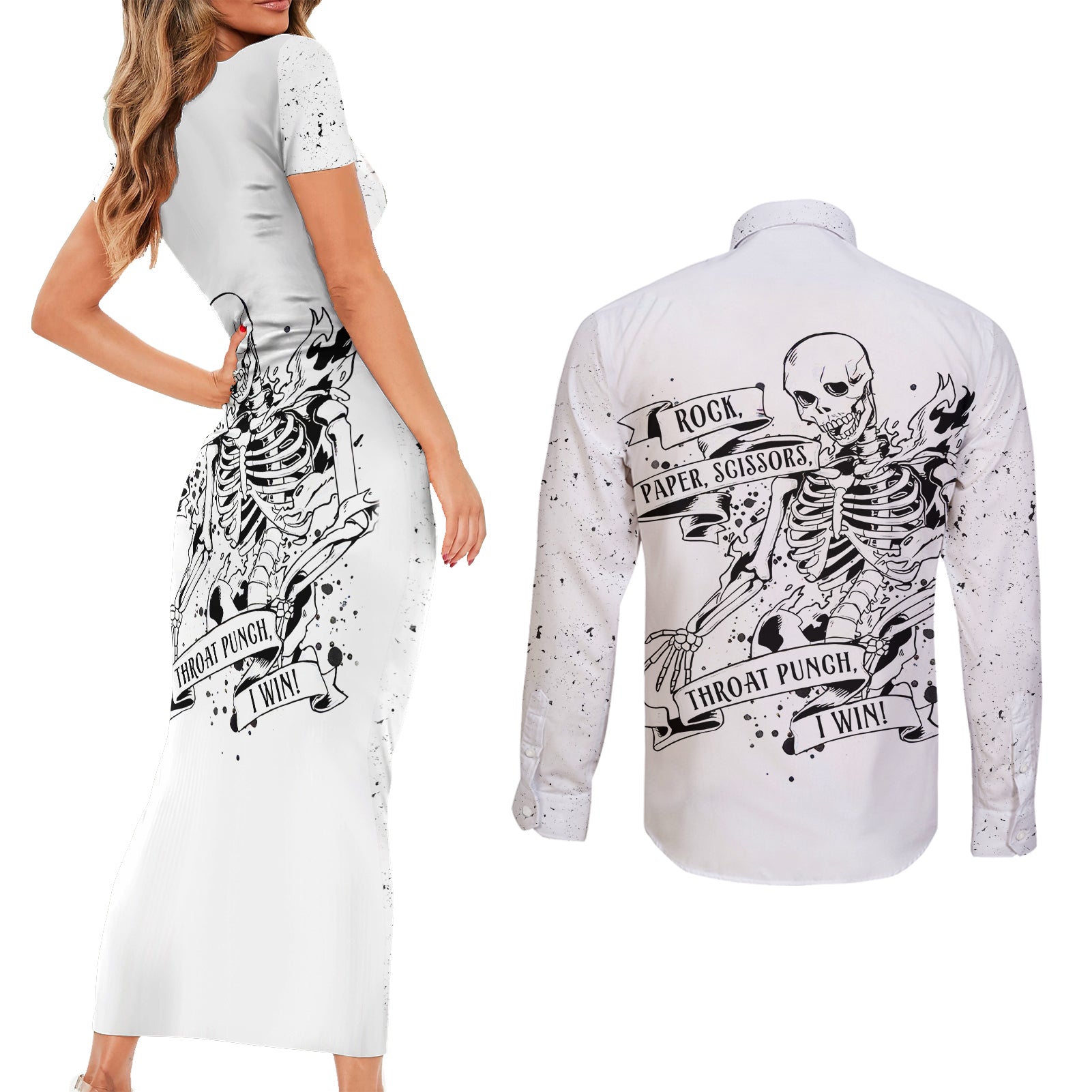 art-skull-couples-matching-short-sleeve-bodycon-dress-and-long-sleeve-button-shirts-rock-paper-scissors-throat-punch-i-win