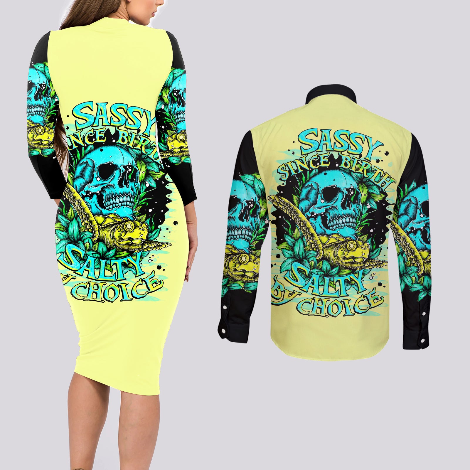 turtle-skull-couples-matching-long-sleeve-bodycon-dress-and-long-sleeve-button-shirts-sassy-since-birth-salty-by-choice