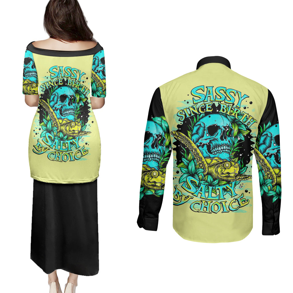 turtle-skull-couples-matching-puletasi-dress-and-long-sleeve-button-shirts-sassy-since-birth-salty-by-choice