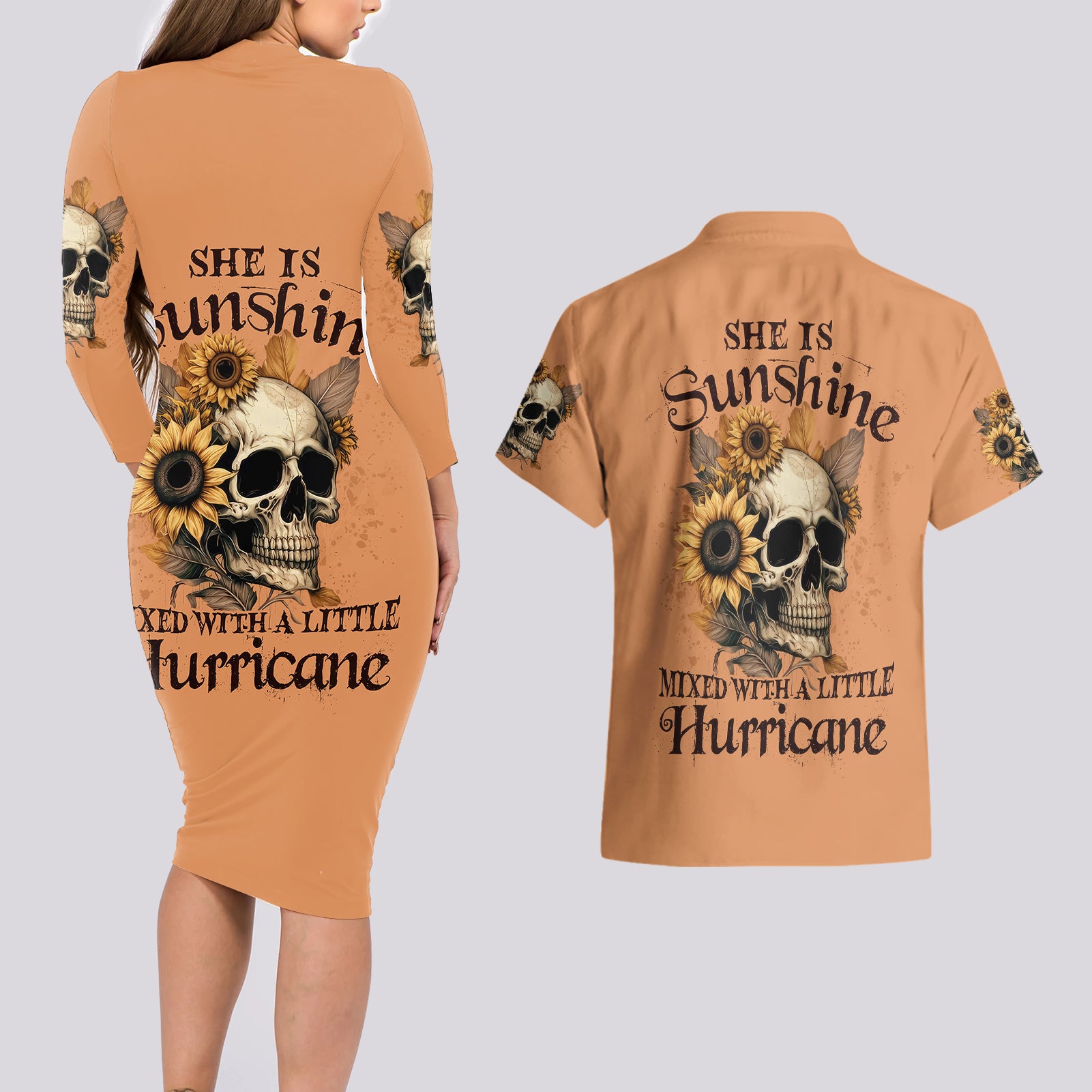 sunflower-skull-couples-matching-long-sleeve-bodycon-dress-and-hawaiian-shirt-she-is-sunshine-mixed-with-a-little-hurricance