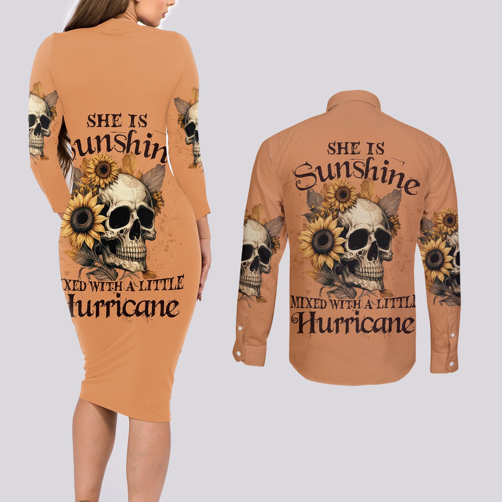 sunflower-skull-couples-matching-long-sleeve-bodycon-dress-and-long-sleeve-button-shirts-she-is-sunshine-mixed-with-a-little-hurricance