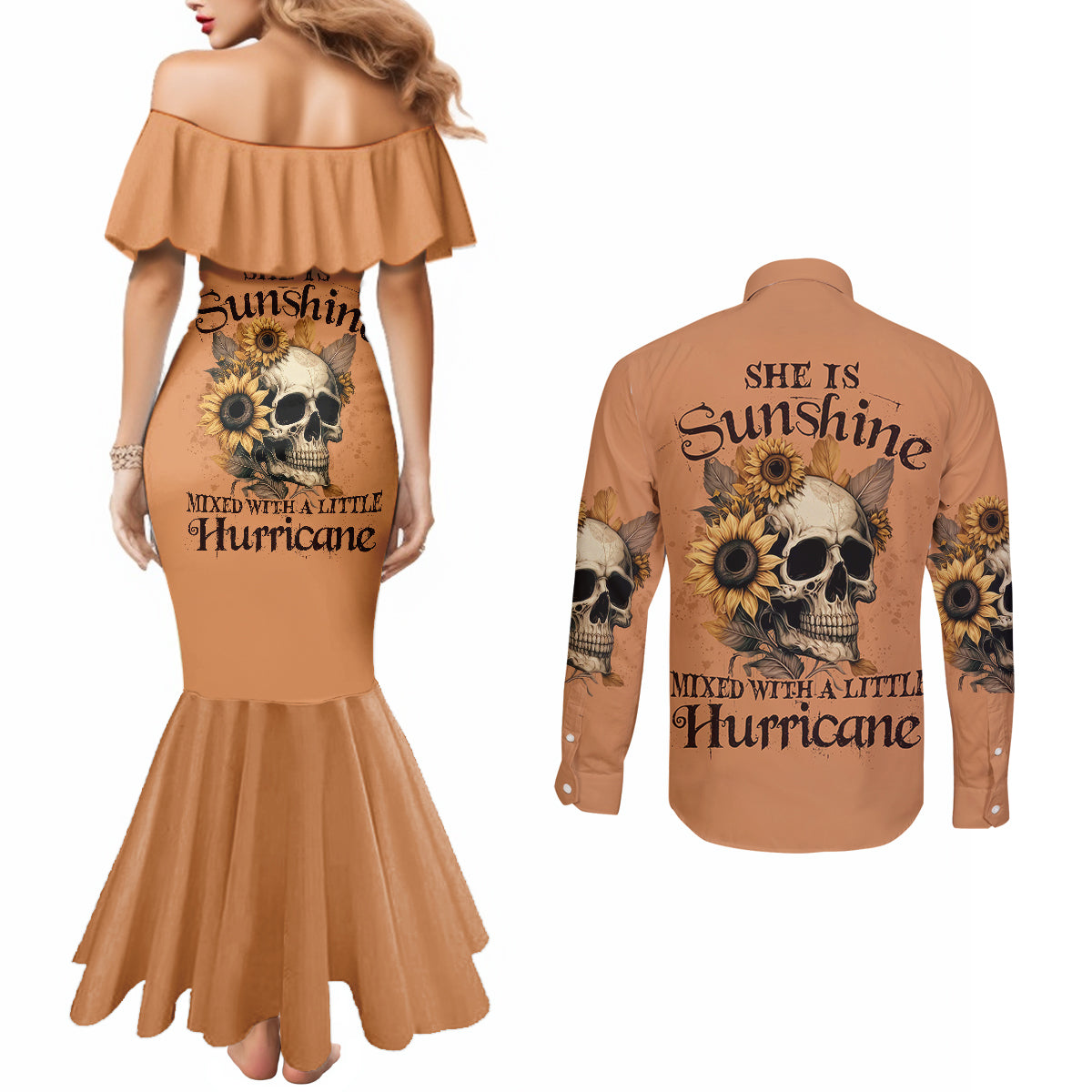 sunflower-skull-couples-matching-mermaid-dress-and-long-sleeve-button-shirts-she-is-sunshine-mixed-with-a-little-hurricance