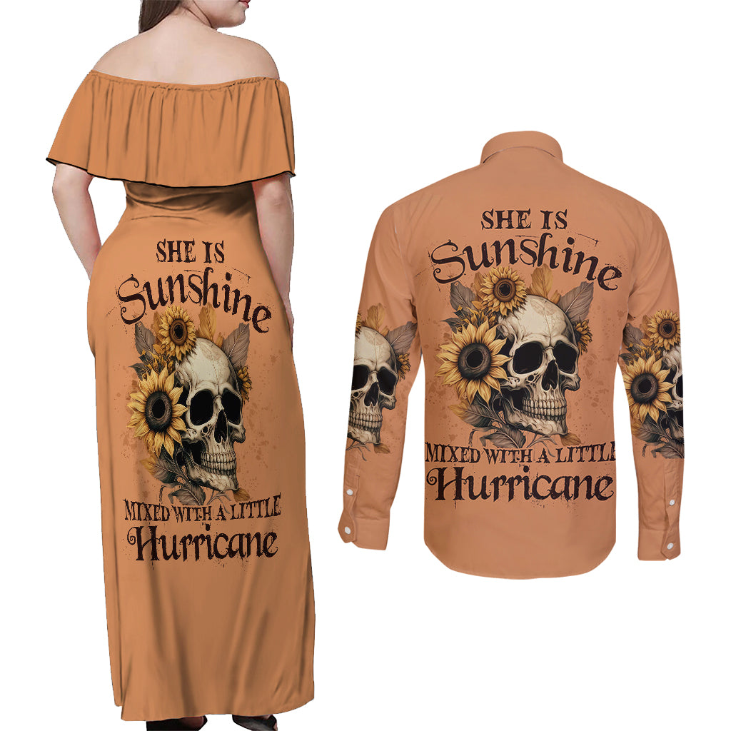 sunflower-skull-couples-matching-off-shoulder-maxi-dress-and-long-sleeve-button-shirts-she-is-sunshine-mixed-with-a-little-hurricance