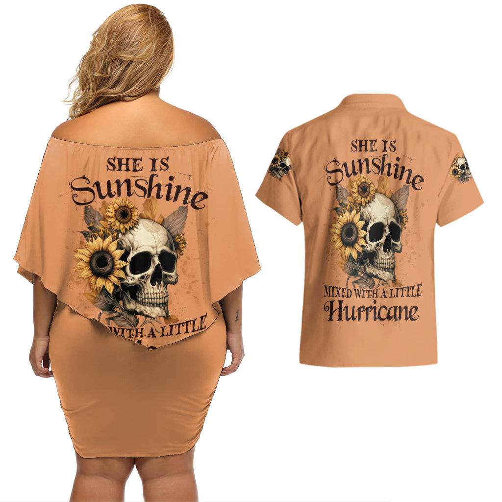 sunflower-skull-couples-matching-off-shoulder-short-dress-and-hawaiian-shirt-she-is-sunshine-mixed-with-a-little-hurricance