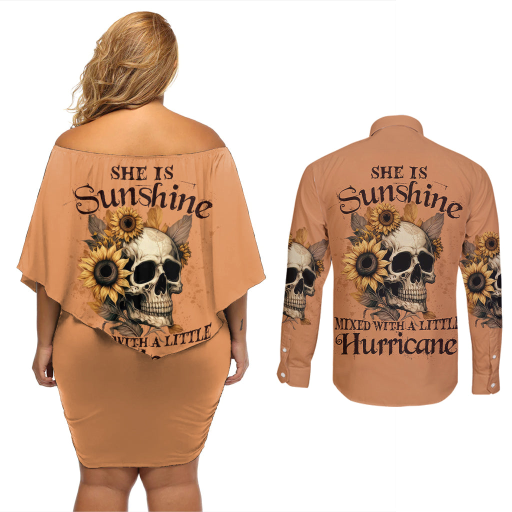 sunflower-skull-couples-matching-off-shoulder-short-dress-and-long-sleeve-button-shirts-she-is-sunshine-mixed-with-a-little-hurricance