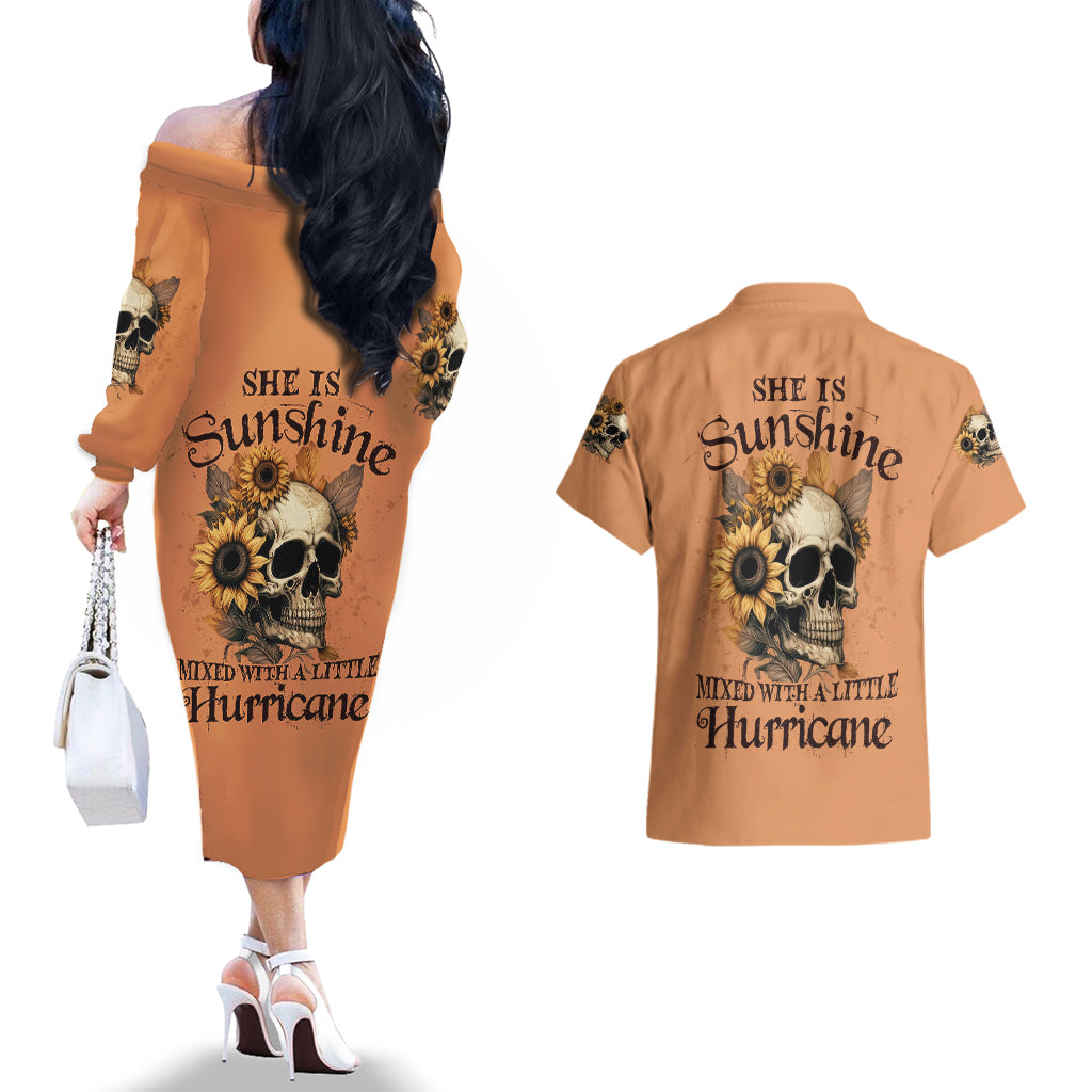 sunflower-skull-couples-matching-off-the-shoulder-long-sleeve-dress-and-hawaiian-shirt-she-is-sunshine-mixed-with-a-little-hurricance