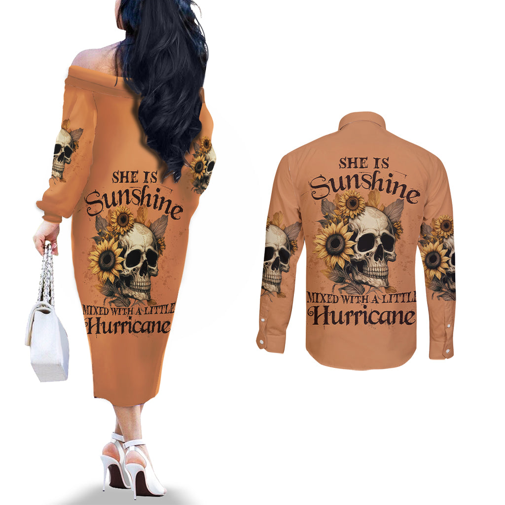 sunflower-skull-couples-matching-off-the-shoulder-long-sleeve-dress-and-long-sleeve-button-shirts-she-is-sunshine-mixed-with-a-little-hurricance