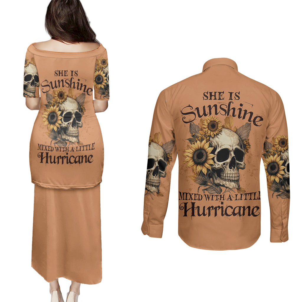 sunflower-skull-couples-matching-puletasi-dress-and-long-sleeve-button-shirts-she-is-sunshine-mixed-with-a-little-hurricance