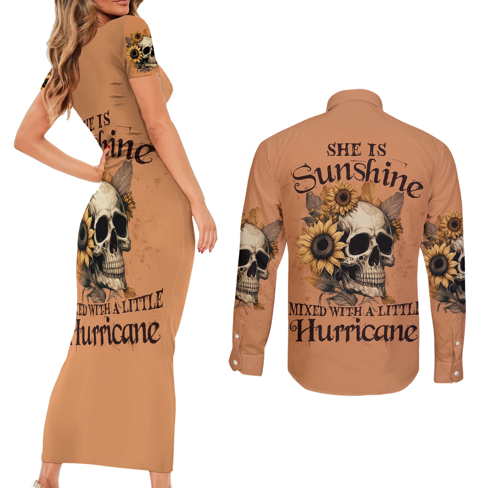 sunflower-skull-couples-matching-short-sleeve-bodycon-dress-and-long-sleeve-button-shirts-she-is-sunshine-mixed-with-a-little-hurricance