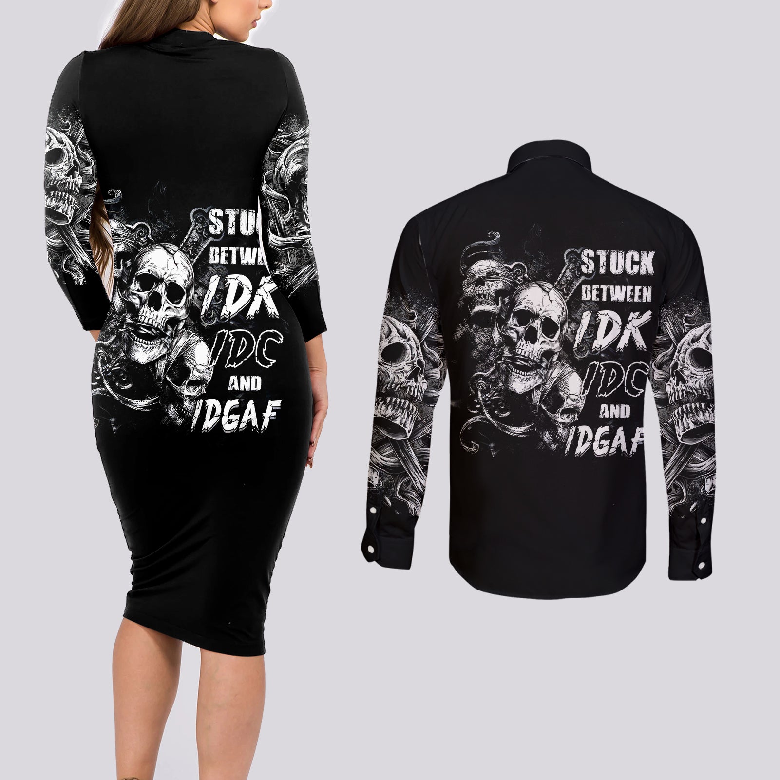 three-skull-couples-matching-long-sleeve-bodycon-dress-and-long-sleeve-button-shirts-stuck-between-idk-idc-and-idgaf