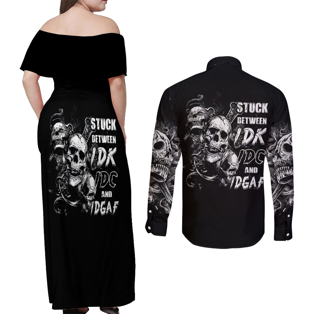 three-skull-couples-matching-off-shoulder-maxi-dress-and-long-sleeve-button-shirts-stuck-between-idk-idc-and-idgaf