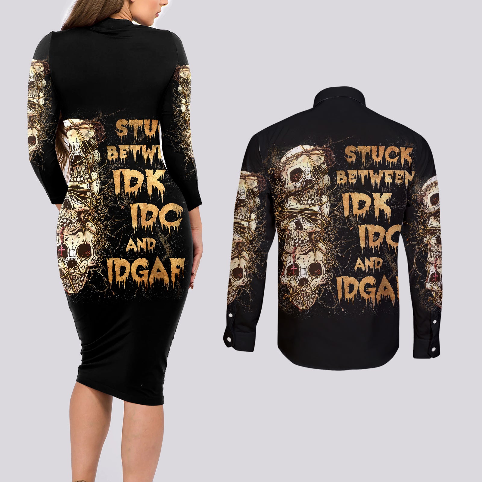 wire-skull-couples-matching-long-sleeve-bodycon-dress-and-long-sleeve-button-shirts-stuck-between-idk-idc-and-idgaf