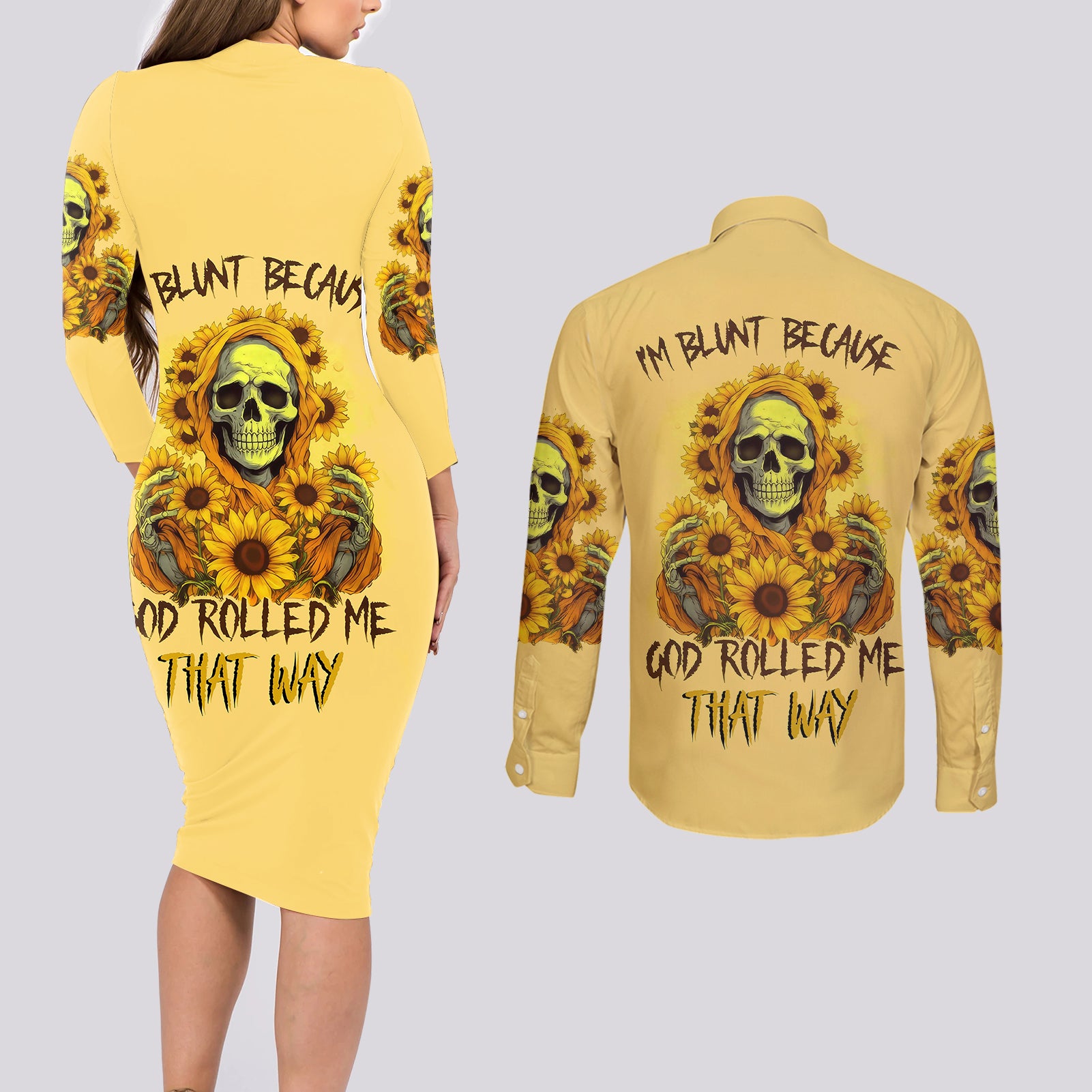 sunflower-skull-couples-matching-long-sleeve-bodycon-dress-and-long-sleeve-button-shirts-im-blunt-because-god-rolled-me-that-way