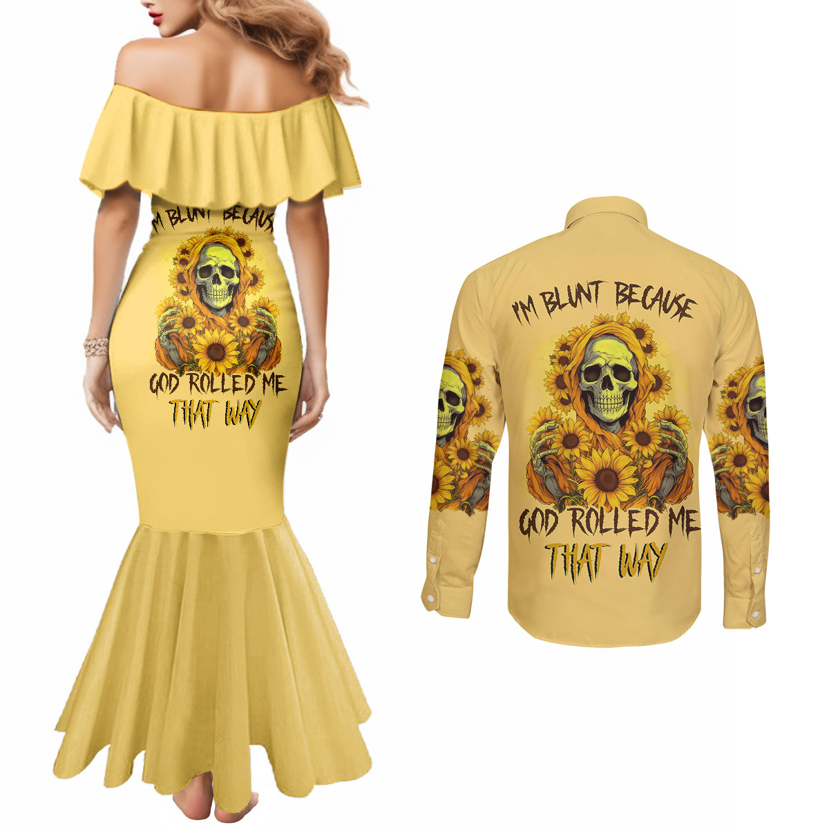 sunflower-skull-couples-matching-mermaid-dress-and-long-sleeve-button-shirts-im-blunt-because-god-rolled-me-that-way