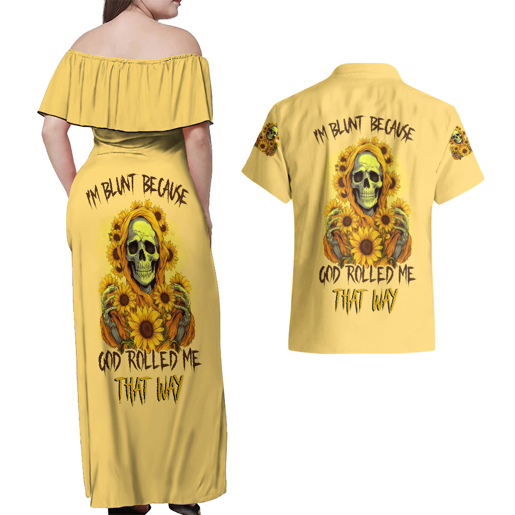 sunflower-skull-couples-matching-off-shoulder-maxi-dress-and-hawaiian-shirt-im-blunt-because-god-rolled-me-that-way