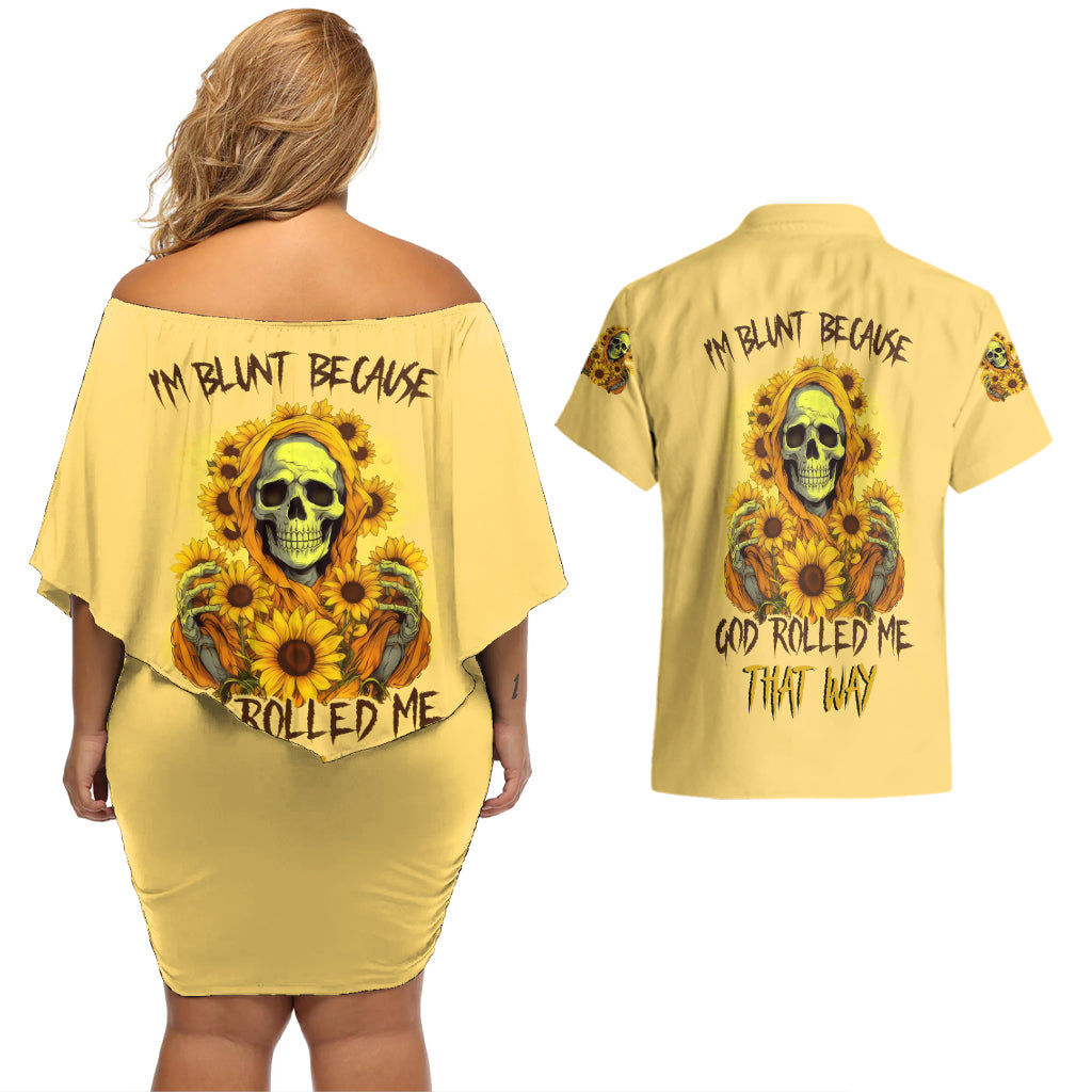 sunflower-skull-couples-matching-off-shoulder-short-dress-and-hawaiian-shirt-im-blunt-because-god-rolled-me-that-way