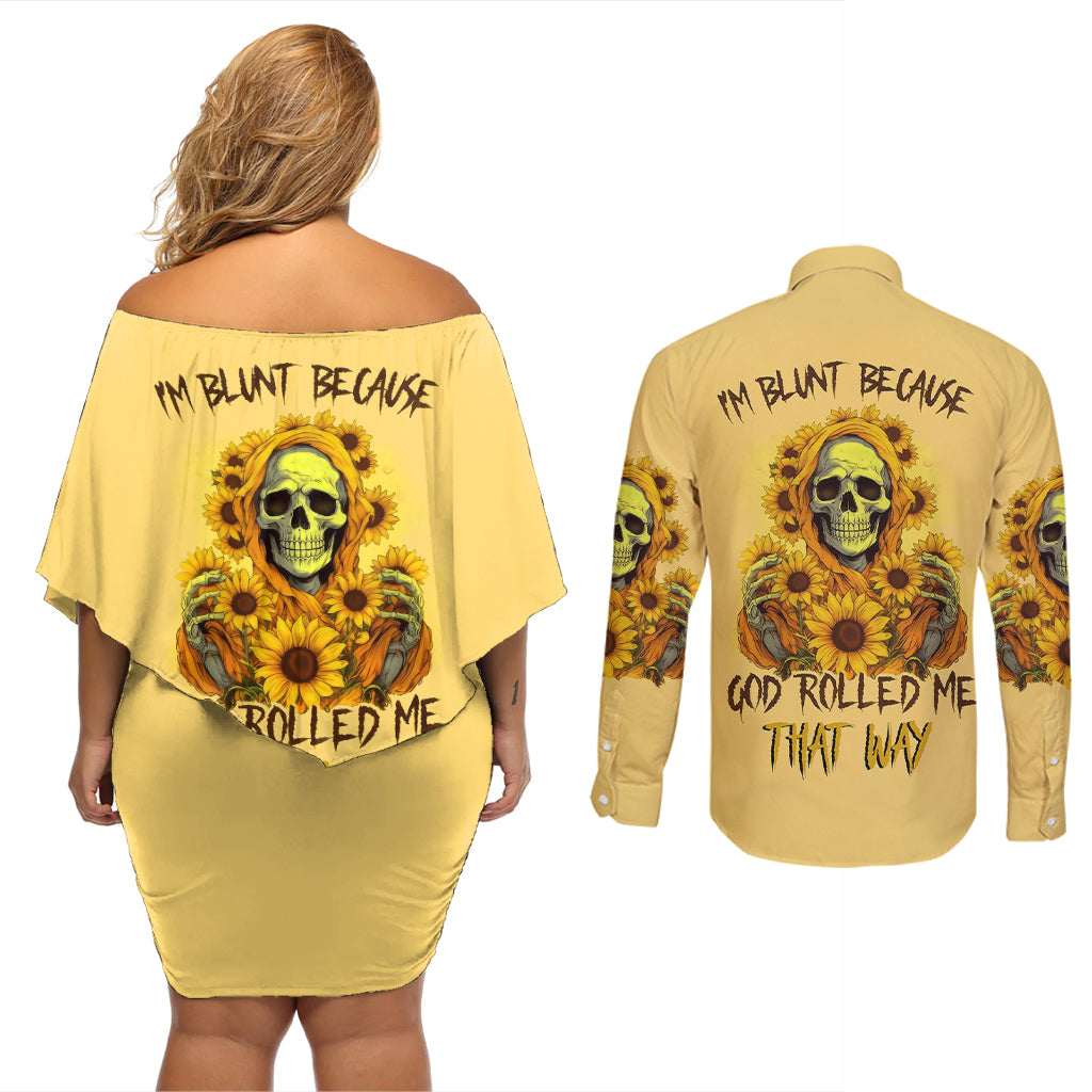 sunflower-skull-couples-matching-off-shoulder-short-dress-and-long-sleeve-button-shirts-im-blunt-because-god-rolled-me-that-way