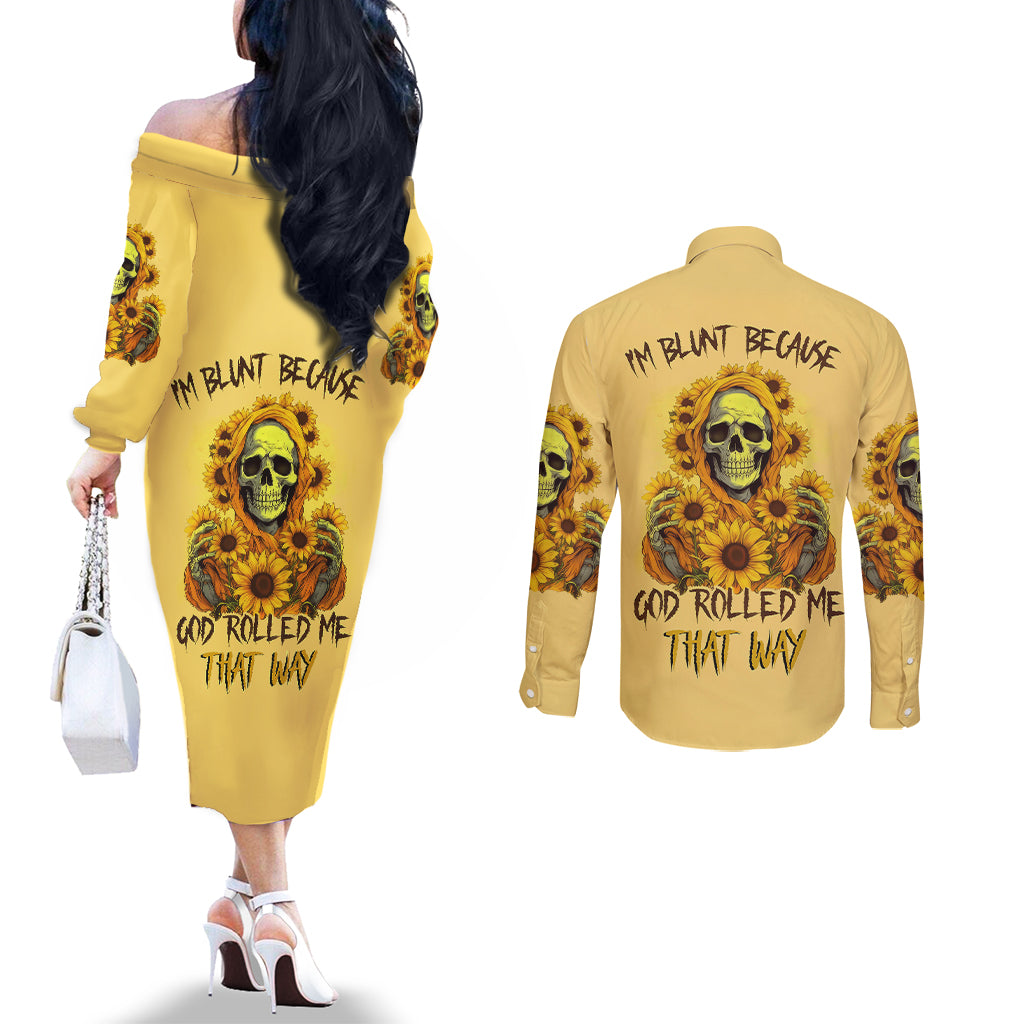 sunflower-skull-couples-matching-off-the-shoulder-long-sleeve-dress-and-long-sleeve-button-shirts-im-blunt-because-god-rolled-me-that-way