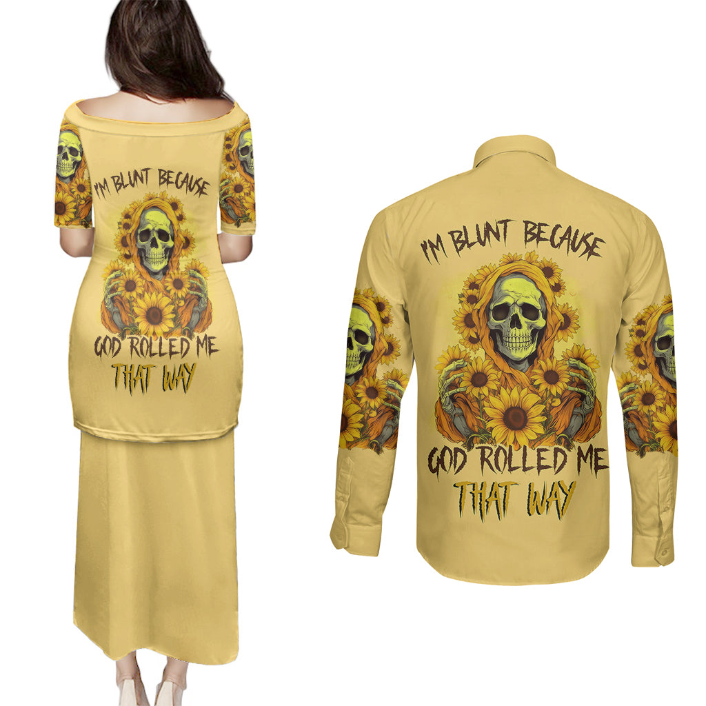 sunflower-skull-couples-matching-puletasi-dress-and-long-sleeve-button-shirts-im-blunt-because-god-rolled-me-that-way