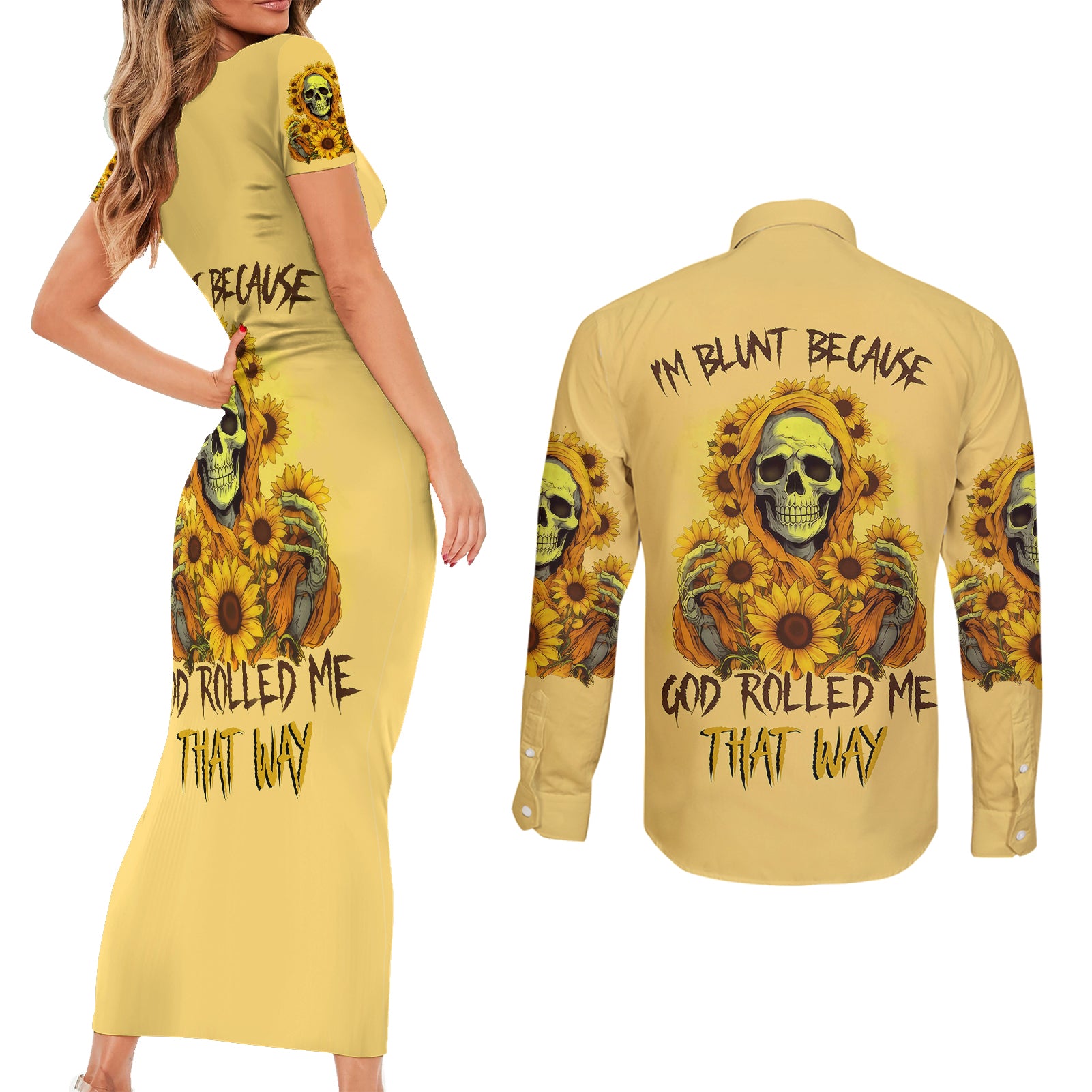 sunflower-skull-couples-matching-short-sleeve-bodycon-dress-and-long-sleeve-button-shirts-im-blunt-because-god-rolled-me-that-way