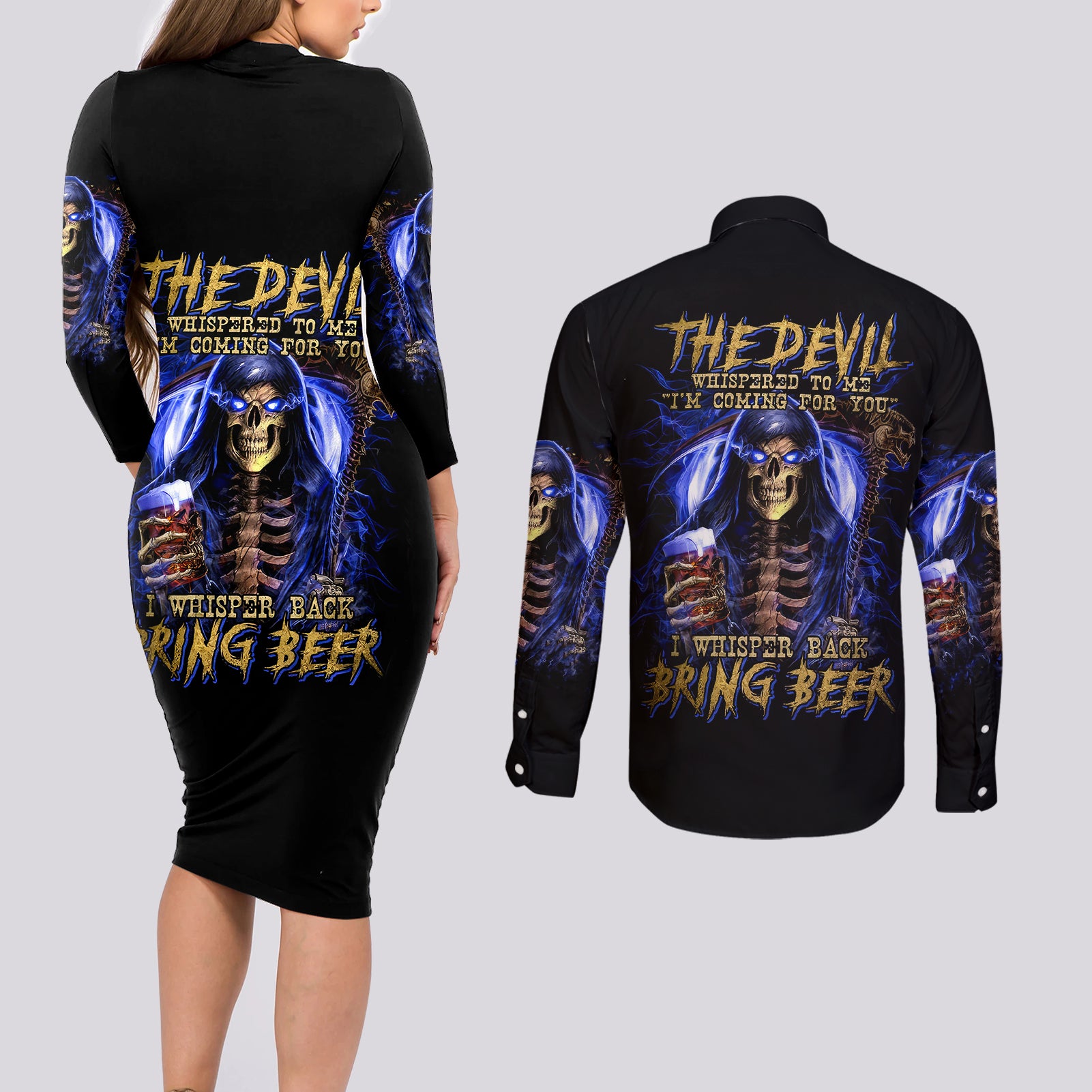 skull-reaper-couples-matching-long-sleeve-bodycon-dress-and-long-sleeve-button-shirts-the-devil-whispered-to-me-i-whisper-back-bring-beer