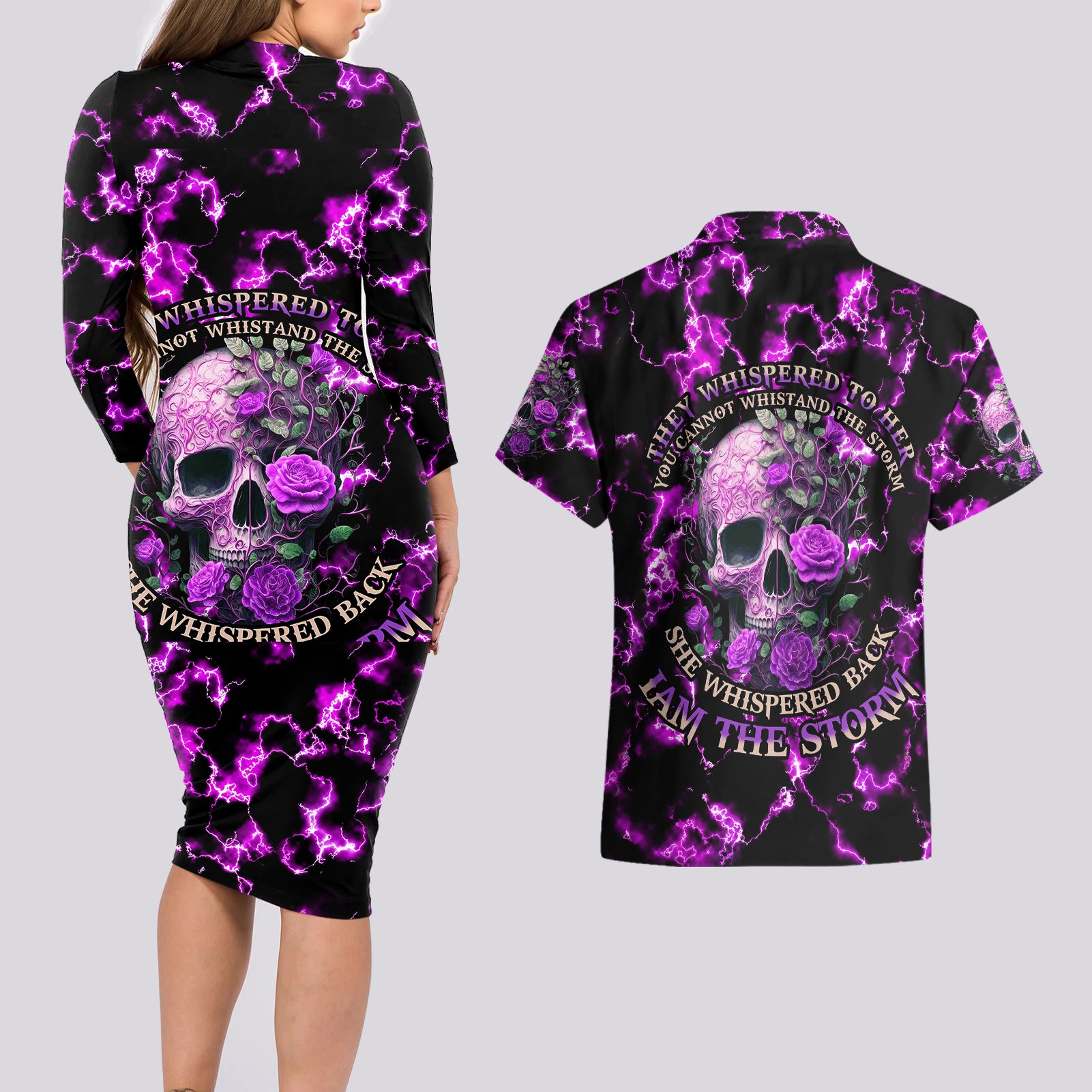 rose-skull-couples-matching-long-sleeve-bodycon-dress-and-hawaiian-shirt-she-whispered-back-i-am-the-storm