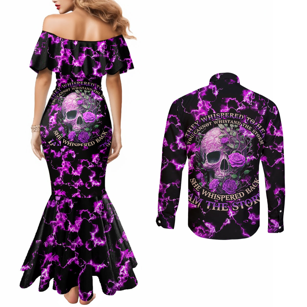 rose-skull-couples-matching-mermaid-dress-and-long-sleeve-button-shirts-she-whispered-back-i-am-the-storm