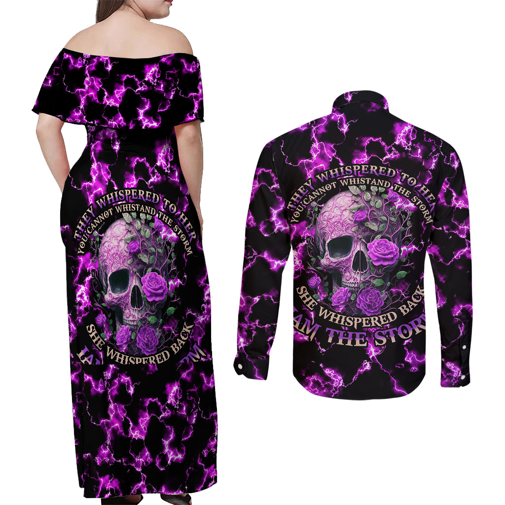 rose-skull-couples-matching-off-shoulder-maxi-dress-and-long-sleeve-button-shirts-she-whispered-back-i-am-the-storm