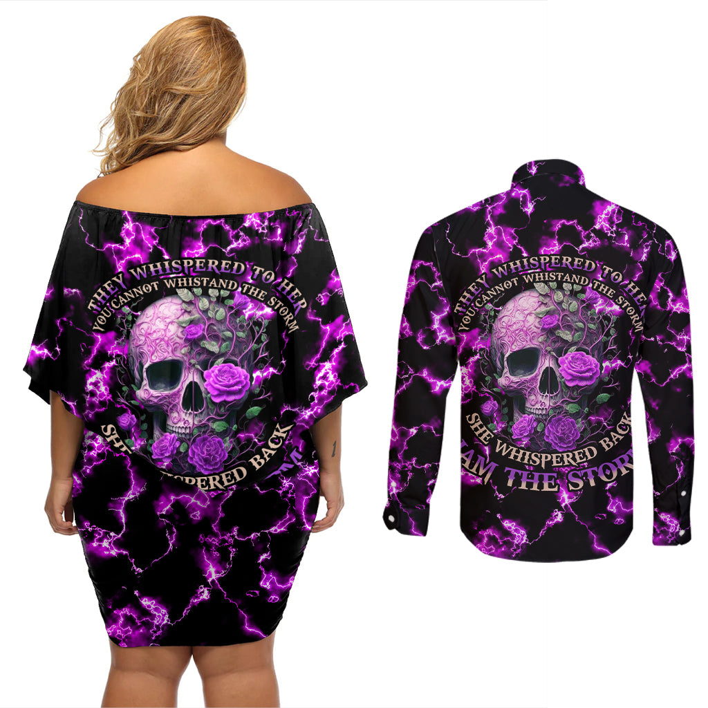 rose-skull-couples-matching-off-shoulder-short-dress-and-long-sleeve-button-shirts-she-whispered-back-i-am-the-storm