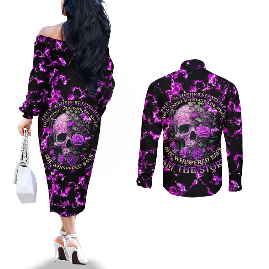 rose-skull-couples-matching-off-the-shoulder-long-sleeve-dress-and-long-sleeve-button-shirts-she-whispered-back-i-am-the-storm