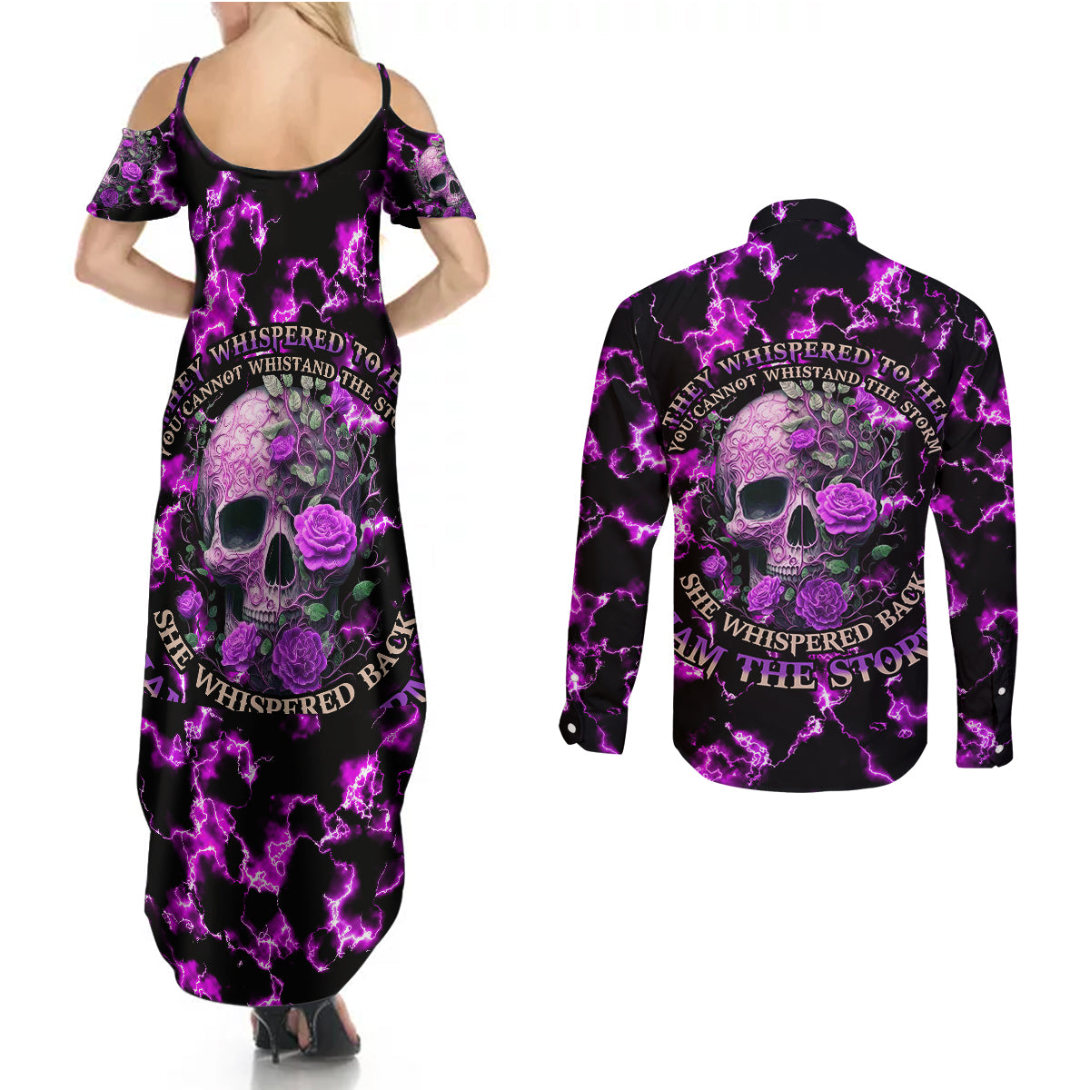 rose-skull-couples-matching-summer-maxi-dress-and-long-sleeve-button-shirts-she-whispered-back-i-am-the-storm