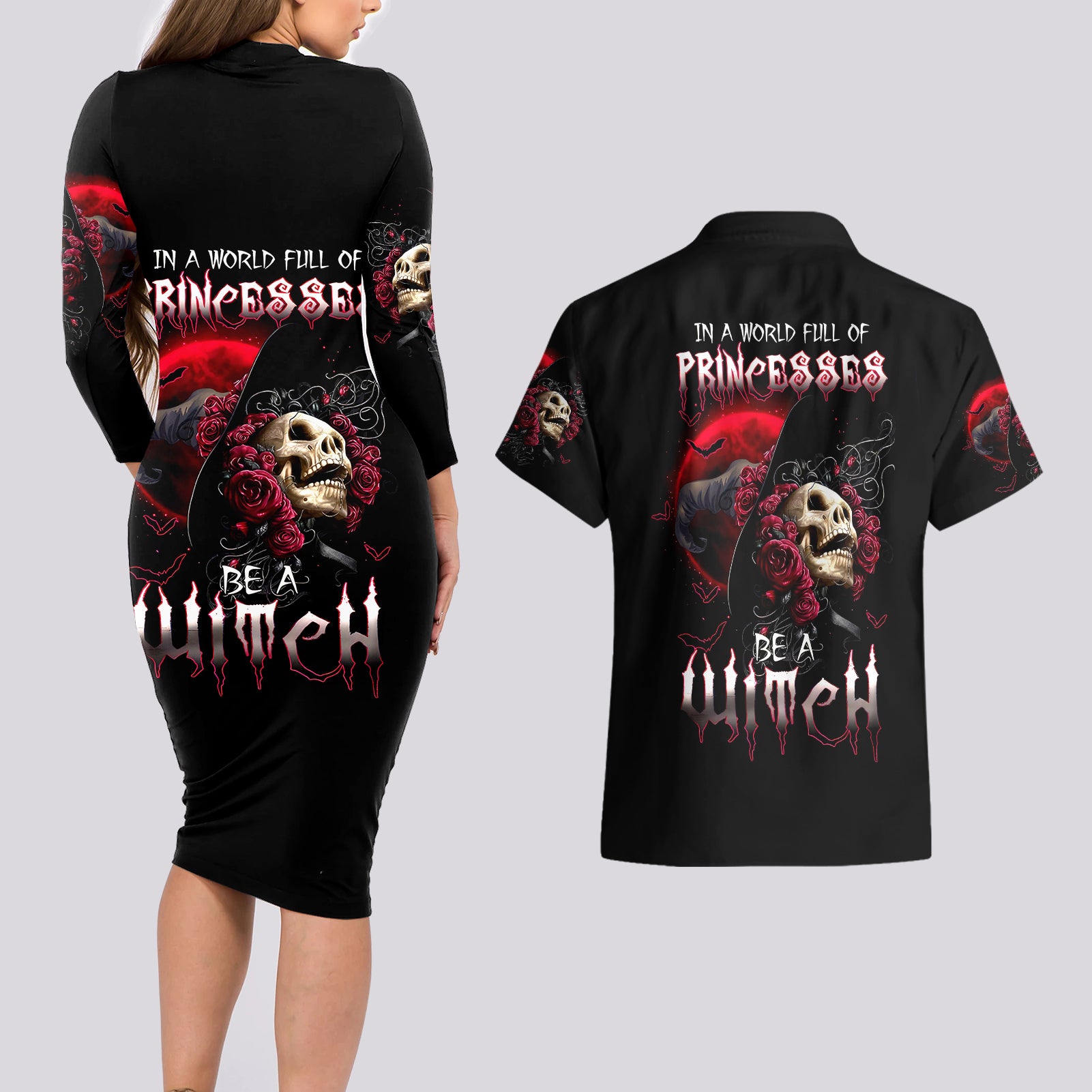 witch-skull-couples-matching-long-sleeve-bodycon-dress-and-hawaiian-shirt-in-a-world-full-of-princess-be-a-witch