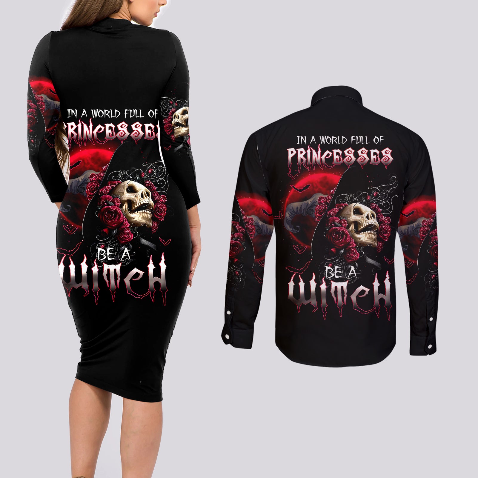 witch-skull-couples-matching-long-sleeve-bodycon-dress-and-long-sleeve-button-shirts-in-a-world-full-of-princess-be-a-witch