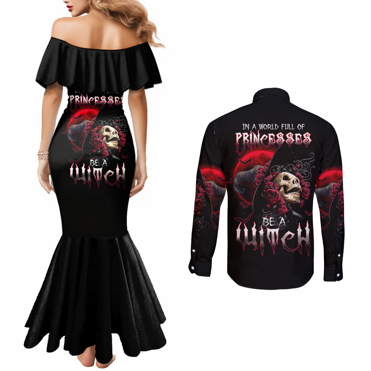 witch-skull-couples-matching-mermaid-dress-and-long-sleeve-button-shirts-in-a-world-full-of-princess-be-a-witch