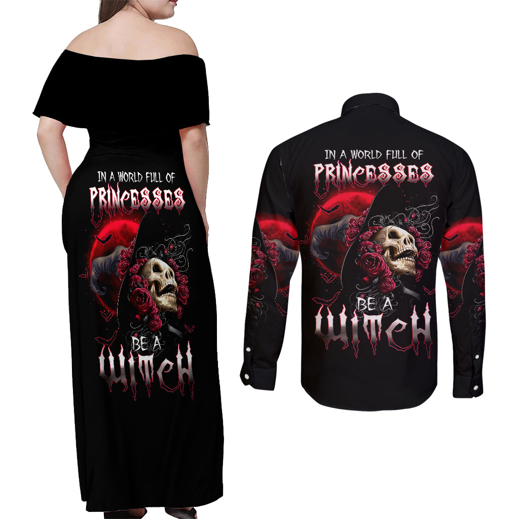 witch-skull-couples-matching-off-shoulder-maxi-dress-and-long-sleeve-button-shirts-in-a-world-full-of-princess-be-a-witch